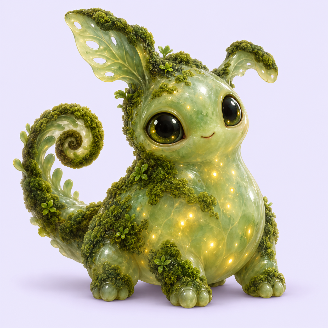 A luminous jade alien with moss-covered fins and a curled fern tail.